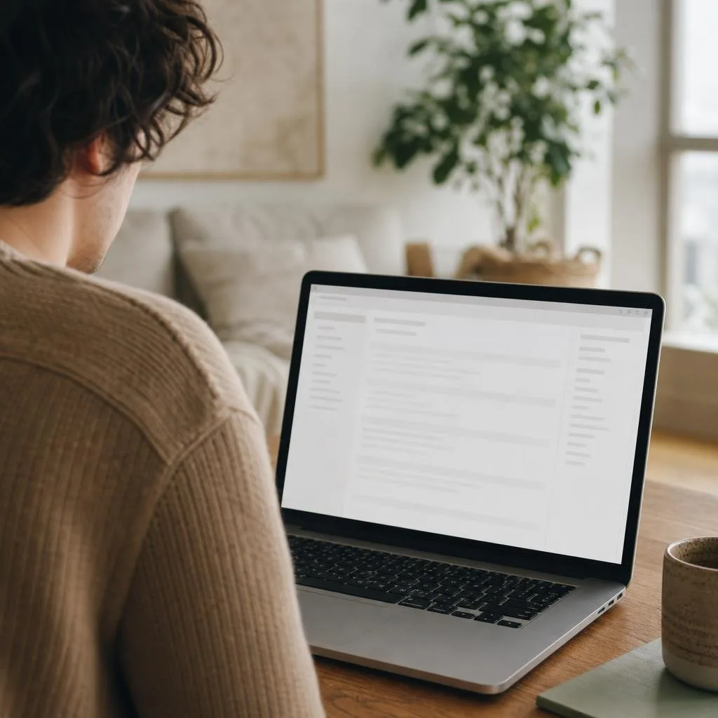 Person reading documentation on a laptop in a bright room